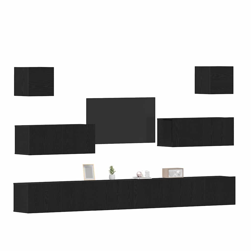 7 Piece TV Cabinet Set - Wall-Mounted, Black Oak, Engineered Wood
